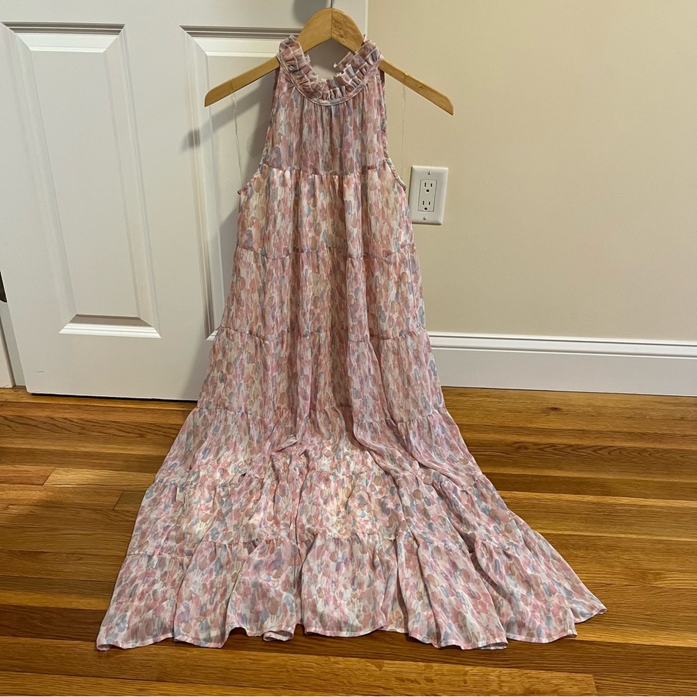 Entro Floral Chiffon Sleeveless Maxi Dress High Neck Bow Size S